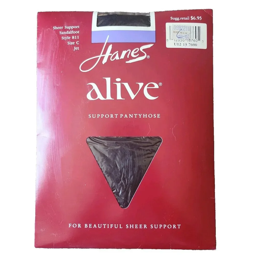 Vtg Hanes ALIVE  Support Pantyhose Jet Black Sandalfoot Sz C Style 811